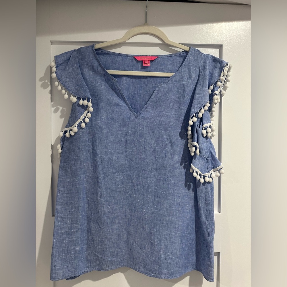 Lilly Pulitzer linen Blue Top with White Pom-Poms